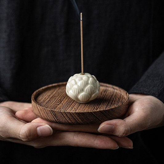 Lotus Ceramic Incense Holder with Wooden Tray